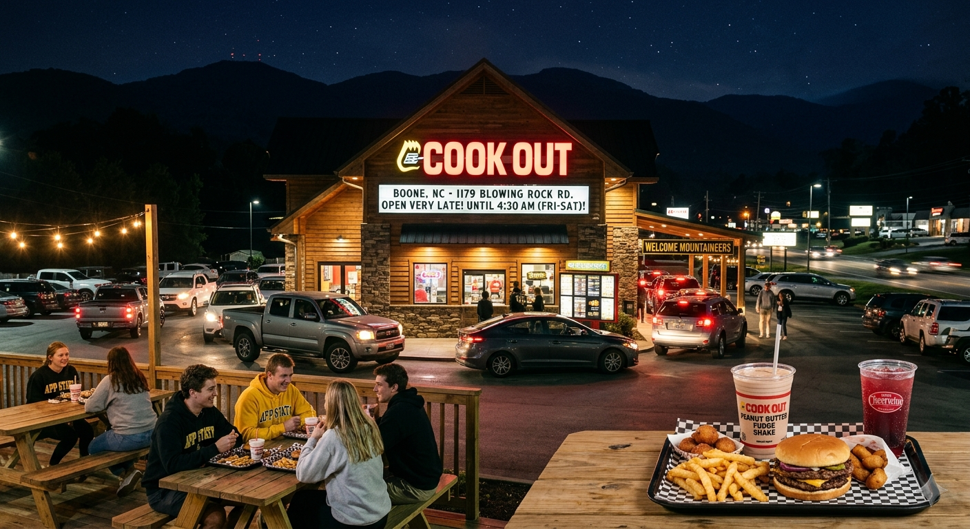 Cook Out Boone North Carolina restaurant guide showing location at 1179 Blowing Rock Road, late-night hours until 4:30 AM, Cook Out Tray price, char-grilled burgers, BBQ sandwiches, popular sides, and 40+ milkshake flavors including Cheerwine and peanut butter fudge.