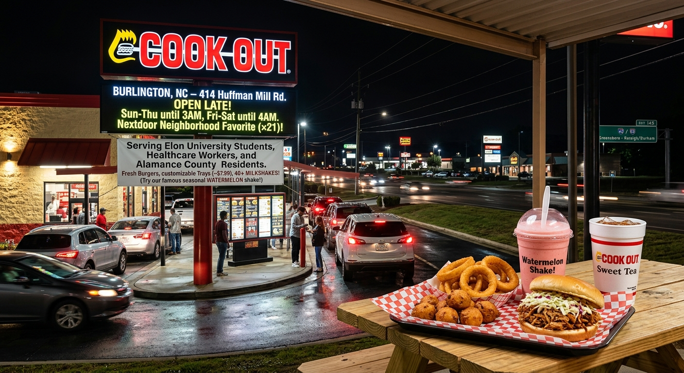 A realistic evening view of the Cook Out drive-thru at 414 Huffman Mill Road in Burlington, NC, featuring a Southern-style pulled pork BBQ sandwich with coleslaw on a wooden picnic table, served with golden onion rings, hushpuppies, a pink hand-spun watermelon milkshake, and a cup of sweet tea.