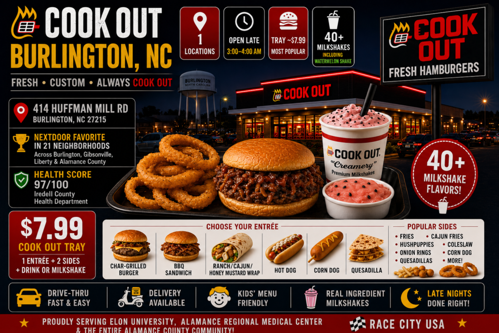 Cook Out Burlington North Carolina at 414 Huffman Mill Road featuring char-grilled burgers, BBQ sandwich, Cook Out Tray, watermelon milkshake, onion rings, late-night dining until 4 AM, and over 40 milkshake flavors near Elon University and I-40.