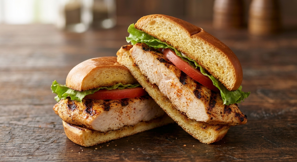Char-grilled Cajun chicken sandwich with melted seasoning crust, lettuce, and tomato on a toasted bun