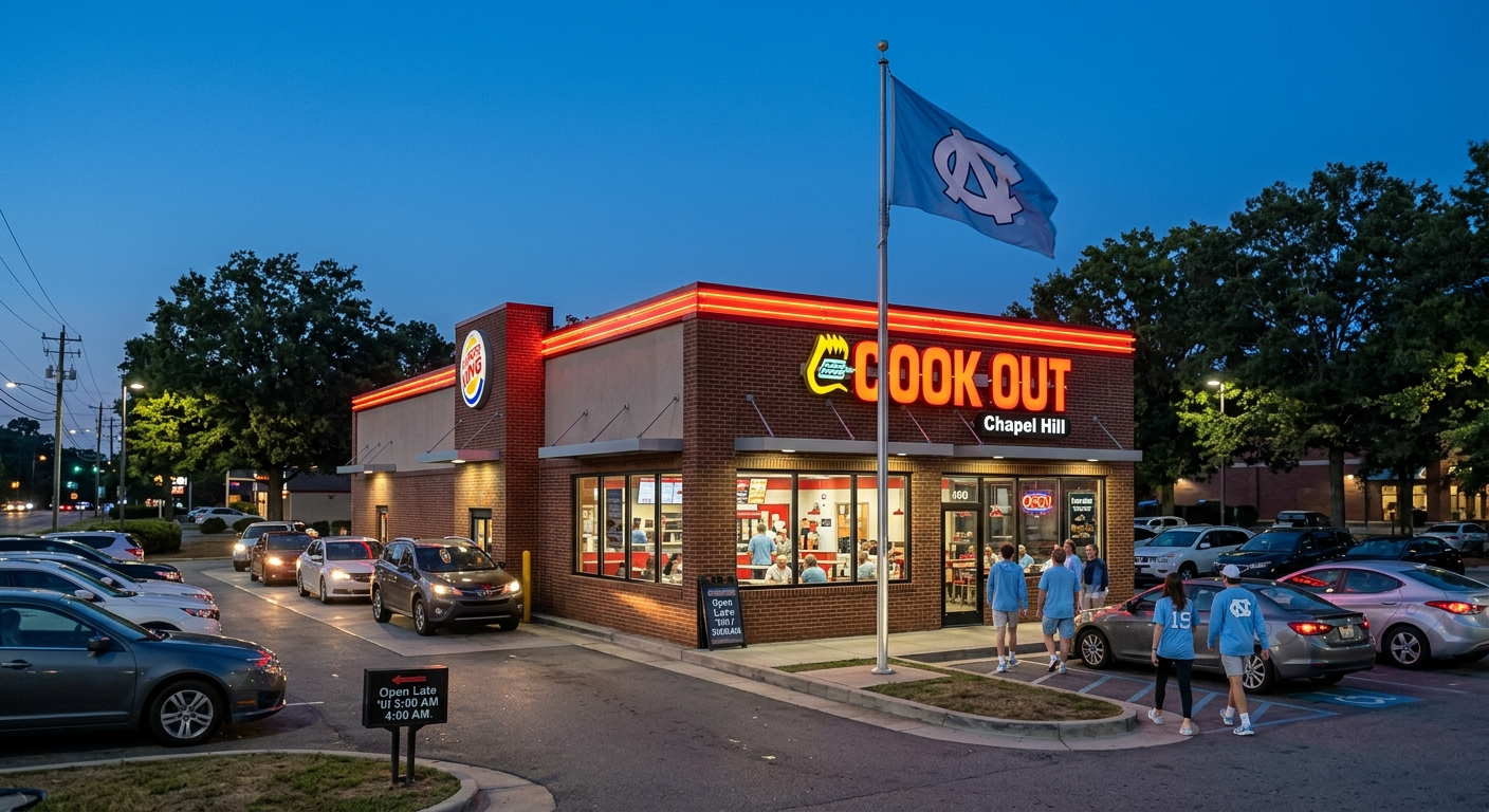 A comprehensive web guide banner for the Cook Out location in Chapel Hill, NC. The center of the image features a realistic high-angle photograph of the brick restaurant building at twilight, showing a busy drive-thru line on South Elliott Road and a North Carolina state flag flying out front. The top banner reads "Cook Out: Chapel Hill, NC Local Guide - Location, Hours, Menu, Student Culture." Insets and overlays provide practical details: a local map pointing from 450 S Elliott Rd to the UNC campus on the top left; text boxes on the right highlighting "Trays ~$7.99," "Open Very Late (Until 3:00–4:00 AM)," and "Indoor Seating (Converted Dining Room Reuse)." A bottom-right inset showcases a "Milkshake Display" with three realistic hand-spun shakes labeled Banana Pudding, Oreo Mint, and Peach Cobbler.