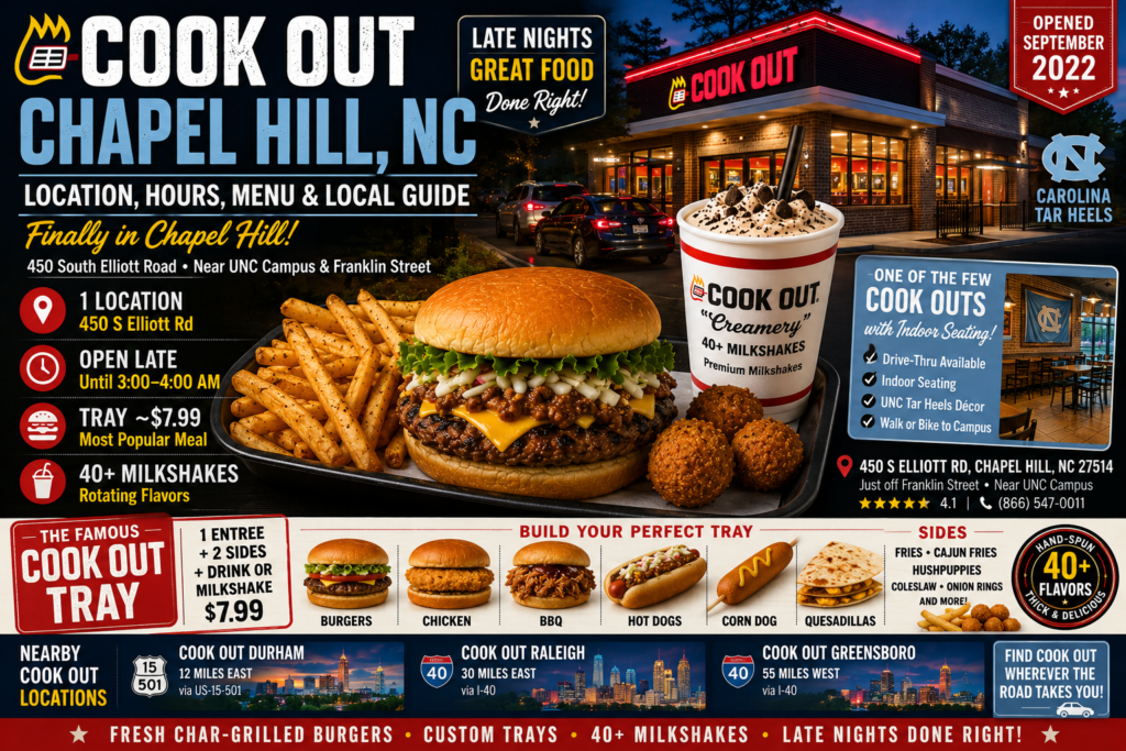 Cook Out Chapel Hill North Carolina restaurant at 450 South Elliott Road near UNC Chapel Hill campus with drive-thru, indoor seating, burgers, milkshakes, and late-night dining.