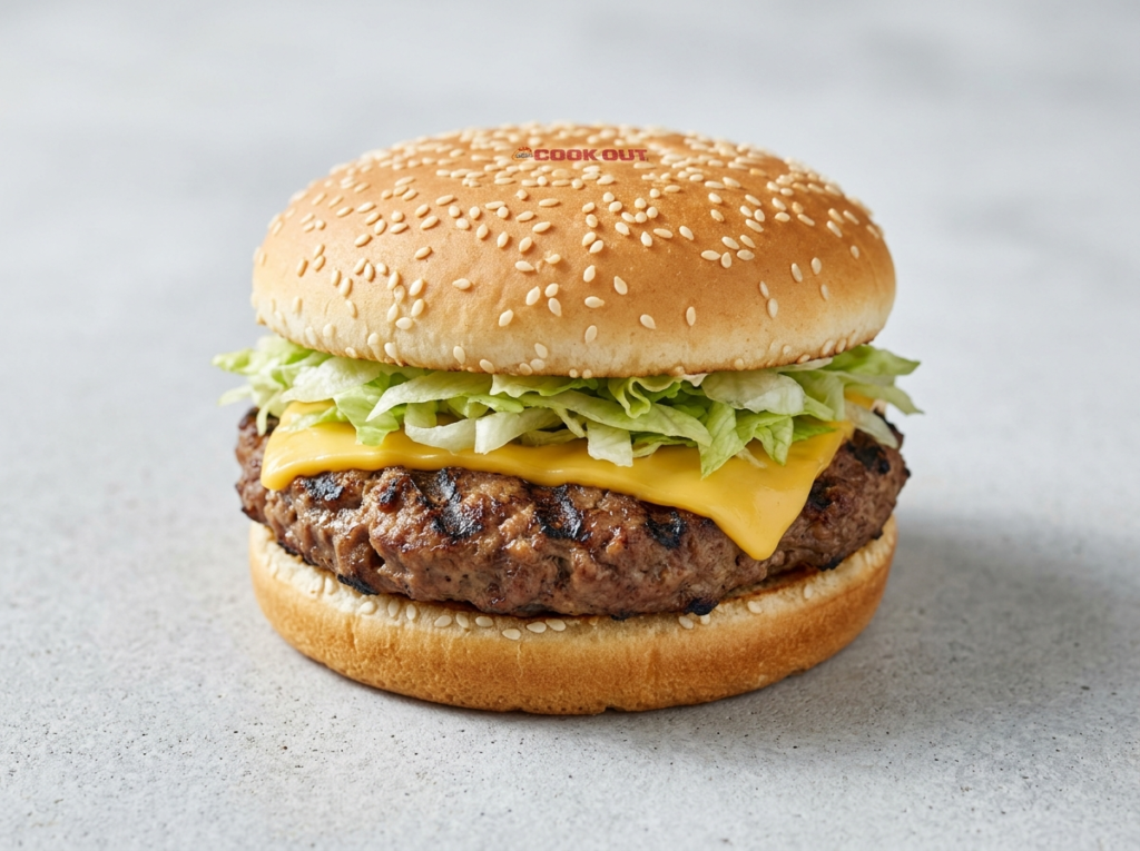 A Cook Out char-grilled beef burger in a toasted bun showing distinct open-flame grill marks on the patty, melted American cheese, and shredded lettuce