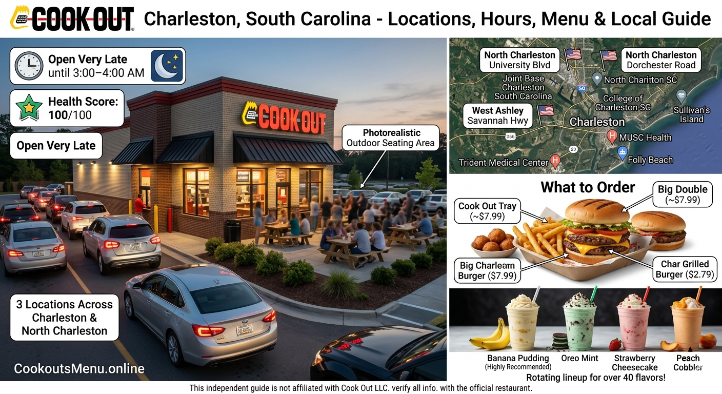 A comprehensive local guide graphic for Cook Out in Charleston, South Carolina, featuring a map of the Savannah Hwy, University Blvd, and Dorchester Road locations near Joint Base Charleston and MUSC Health, along with a photorealistic evening view of the busy West Ashley drive-thru with outdoor seating, a perfect 100/100 Health Score badge, a menu pricing breakdown of the $7.99 Cook Out Tray, and a colorful line of hand-spun milkshakes including banana pudding, Oreo mint, strawberry cheesecake, and peach cobbler.