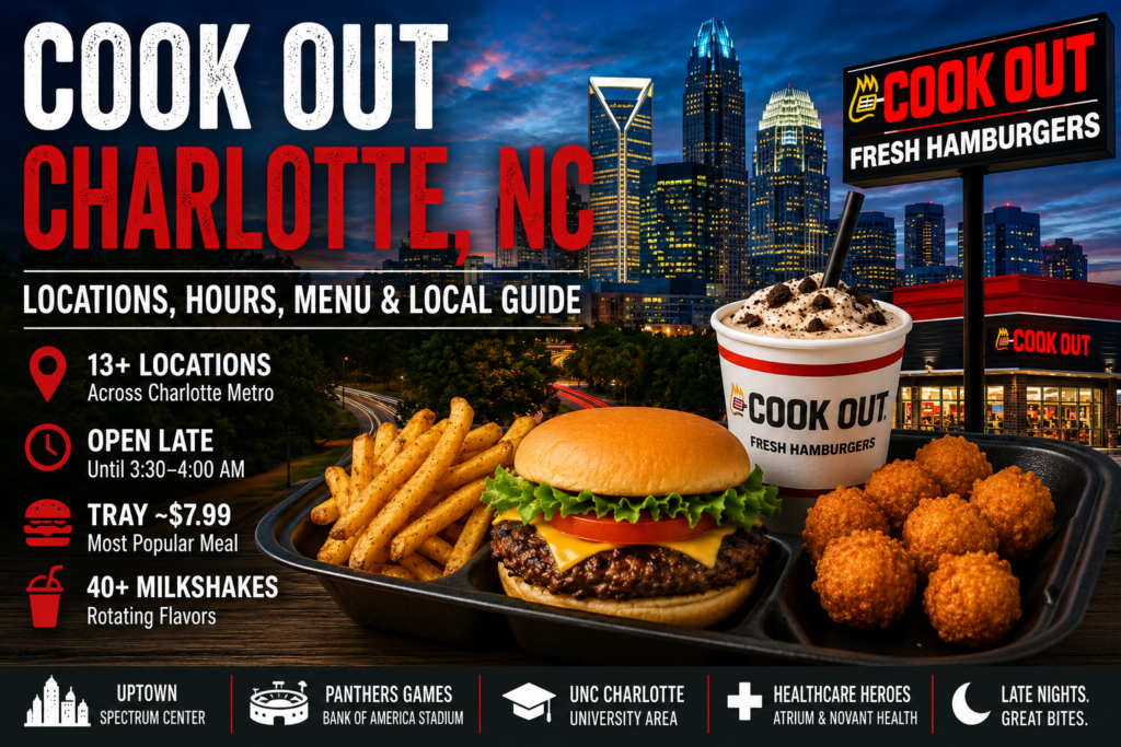 Cook Out Charlotte NC featuring char-grilled burger, fries, milkshake, Charlotte skyline, locations, hours, menu, and late-night dining guide.