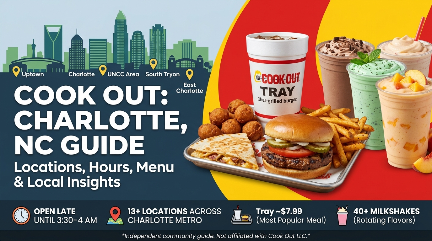 Wide website hero banner for a Cook Out Charlotte, NC local guide. The left side features a stylized illustration of the Charlotte skyline with location pins for Uptown, UNCC Area, South Tryon, and East Charlotte, alongside text reading "COOK OUT: CHARLOTTE, NC GUIDE - Locations, Hours, Menu & Local Insights". The right side shows a realistic Cook Out meal tray featuring a char-grilled burger, fries, hushpuppies, a quesadilla slice, a large white cup, and four hand-spun milkshakes in various flavors. A bottom bar highlights key details: "Open Late Until 3:30-4 AM", "13+ Locations Across Charlotte Metro", "Tray ~$7.99", and "40+ Milkshakes".