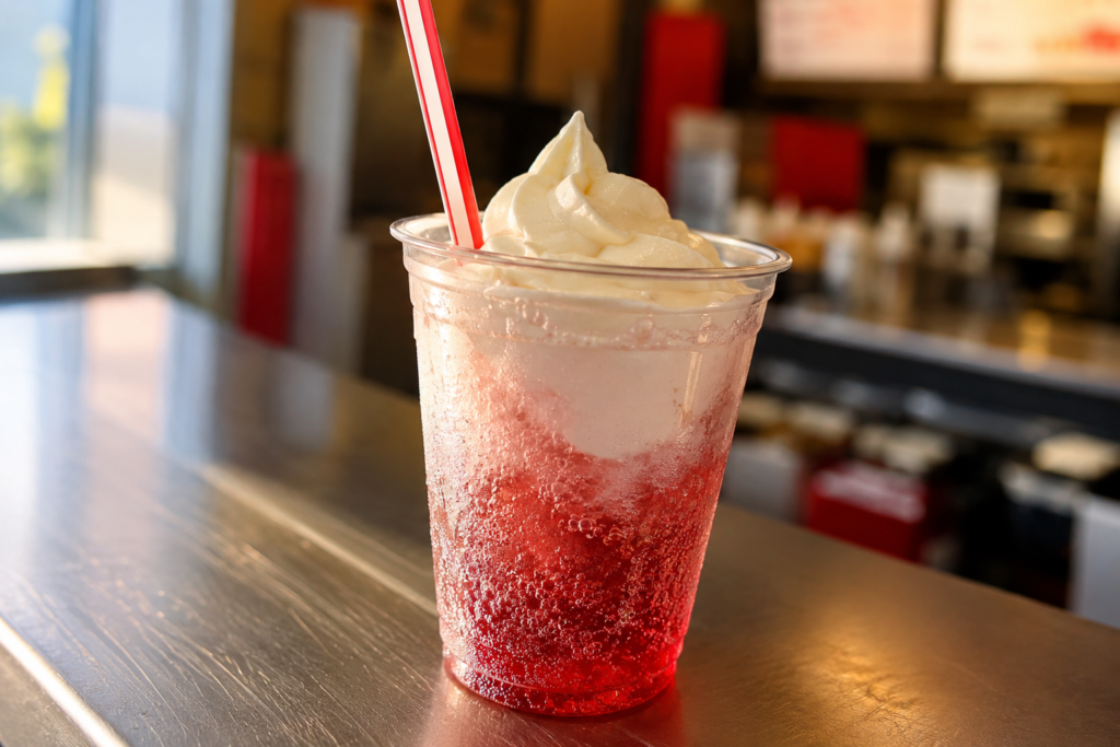 Cheerwine float in a to-go cup with vanilla soft serve ice cream floating on cherry soda