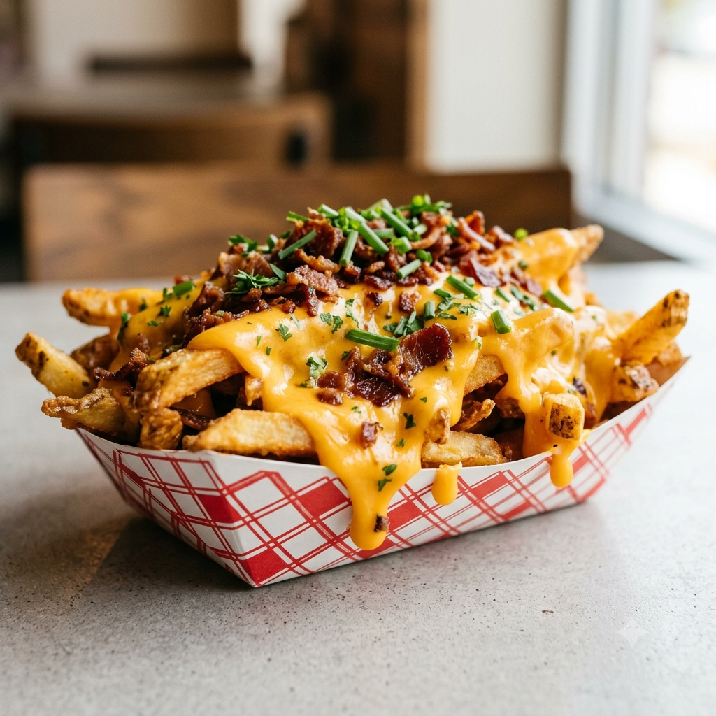 Cook Out loaded cheese fries with melted cheddar cheese and crispy bacon at Cook Out Augusta Georgia