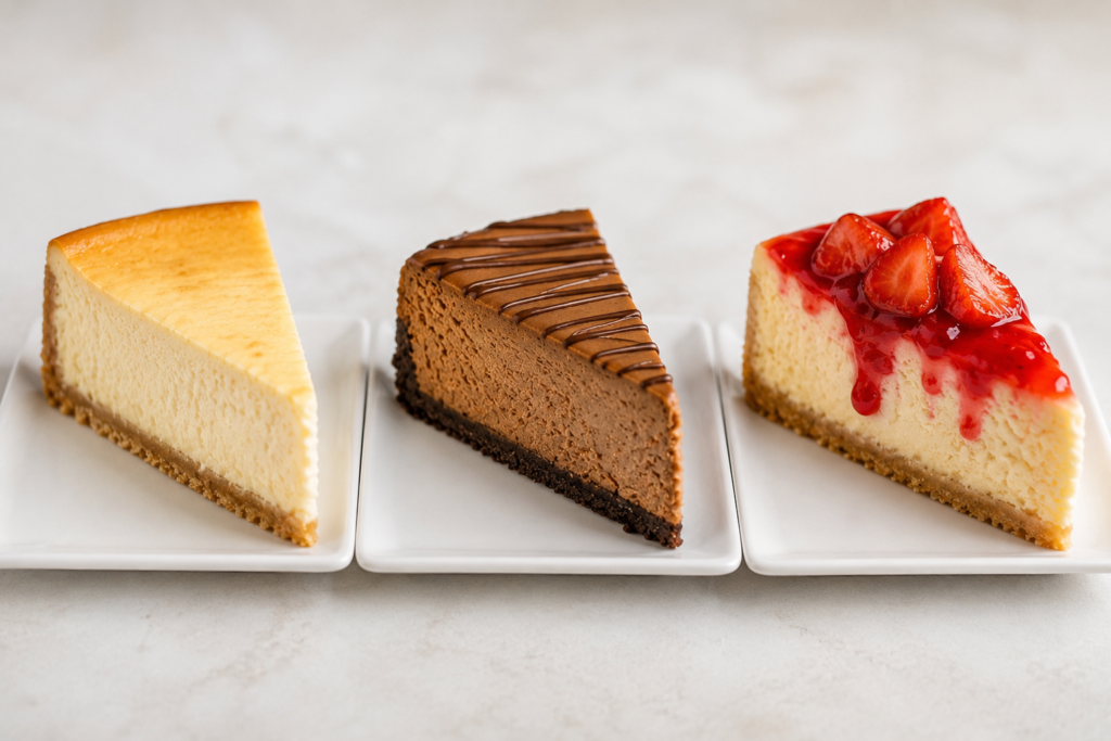 Three slices of Cook Out cheesecake, classic, chocolate, and strawberry, arranged side by side