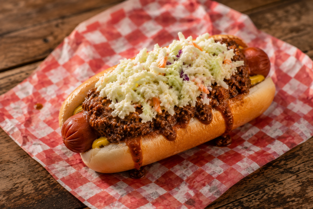Close-up of Cook Out Chili Slaw Dog with thick beef chili and creamy coleslaw on a grilled beef frank in a toasted bun