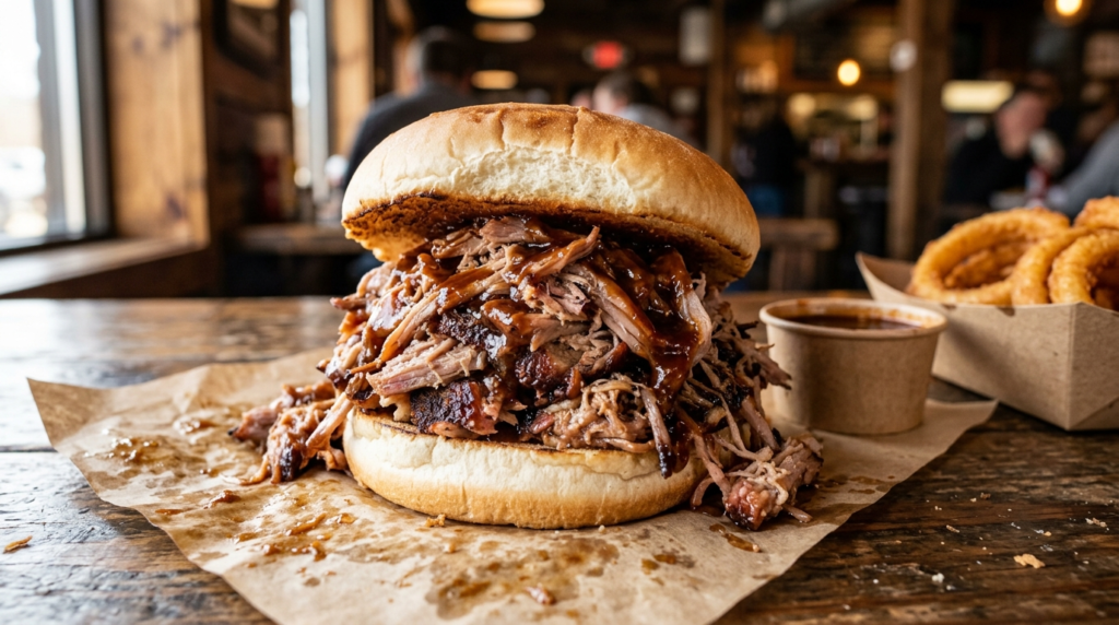 Cook Out Chopped Pork BBQ Sandwich with pulled pork and onion rings at Cook Out Augusta Georgia