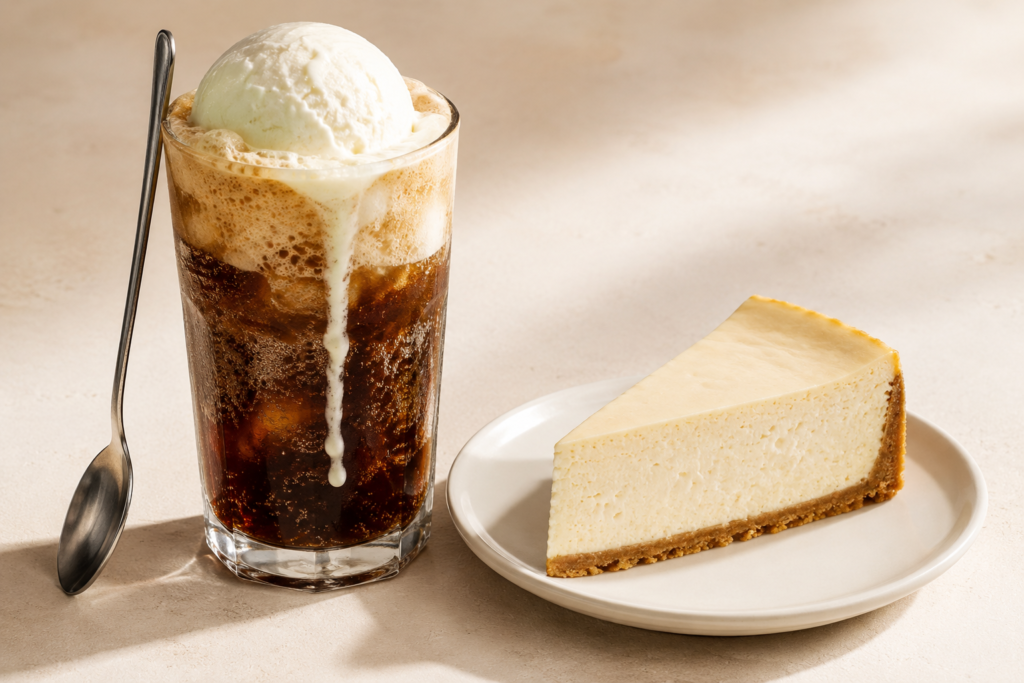 Cook Out Coke float with vanilla ice cream scoop and a cheesecake slice shown side by side as lighter dessert alternatives