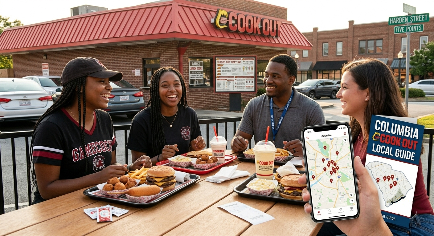 A realistic late-night view of the busy Cook Out drive-thru on Harden Street in the Five Points district of Columbia, SC, featuring University of South Carolina students and a foreground picnic table displaying a signature Cook Out Tray with a pulled pork BBQ sandwich, a Walking Taco in a Fritos bag, crispy hushpuppies, Southern sweet tea, and a hand-spun milkshake.