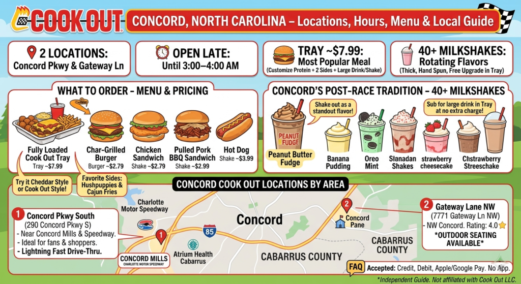 At a brick Cook Out restaurant in Concord, NC, a friendly employee in a red apron hands a metal tray containing a double cheeseburger, a chicken sandwich, crispy French fries, and a corn dog to a group of three young adults at the walk-up window. Two thick milkshakes—banana pudding and Oreo mint—sit on the metal counter. To the left, a framed local guide map highlights the Concord Parkway S and Gateway Lane NW locations. In the background, family vehicles and shoppers leaving the nearby Concord Mills mall are visible under a soft blue and orange sunset sky.