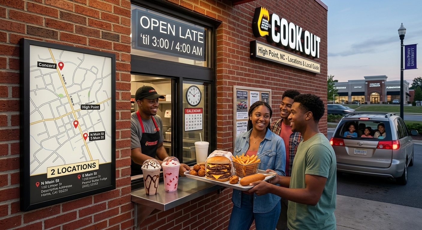 A diverse group of excited race fans, some wearing motorsports-themed apparel, gathering around a wooden picnic table at the outdoor seating area of the Concord, NC Cook Out at dusk. They are smiling and sharing a realistic, fresh Cook Out Tray featuring a char-grilled Cheddar Style burger, a pulled pork BBQ sandwich, golden-brown hushpuppies, and seasoned Cajun fries in a basket. On the table sit two thick, hand-spun milkshakes, including a peanut butter fudge flavor with a red straw. In the background, the glowing neon Cook Out sign reads "Concord, NC - Open Late," and a silver SUV waits in the drive-thru lane under a deep twilight sky.