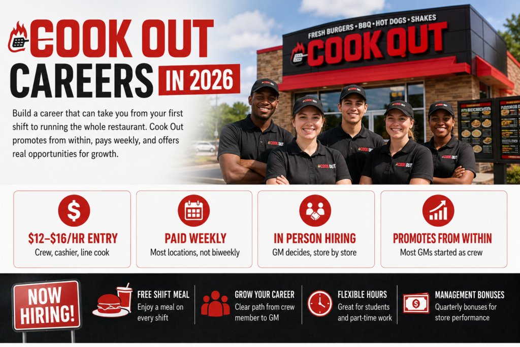 CookOut Jobs annd employee being trained by a shift leader, illustrating internal promotion from crew member to management roles