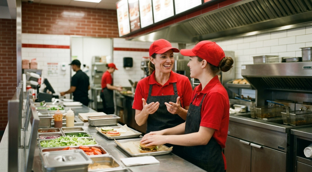 Cook Out employee being trained by a shift leader, illustrating internal promotion from crew member to management roles