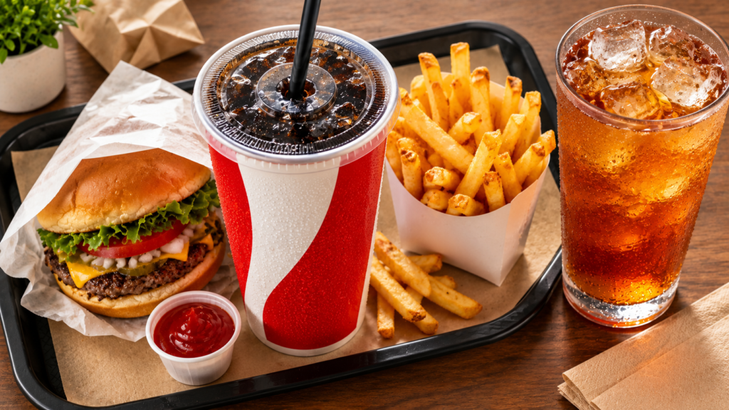 Cook Out tray meal with fountain soda cup and sweet iced tea alongside a burger and fries, showing drink and Tray combo