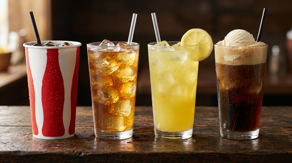Fountain soda, sweet iced tea, lemonade, and root beer float lined up on a counter, Cook Out drinks menu style