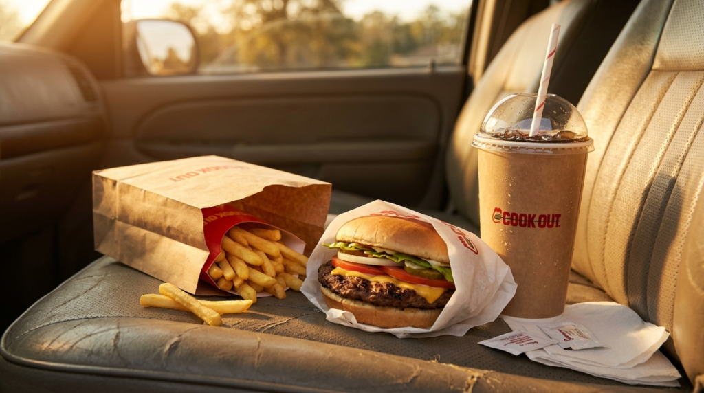 A Cook Out style drive-through order showing a char-grilled burger in paper wrapping, a bag of french fries, and a large drink cup photographed in warm evening light