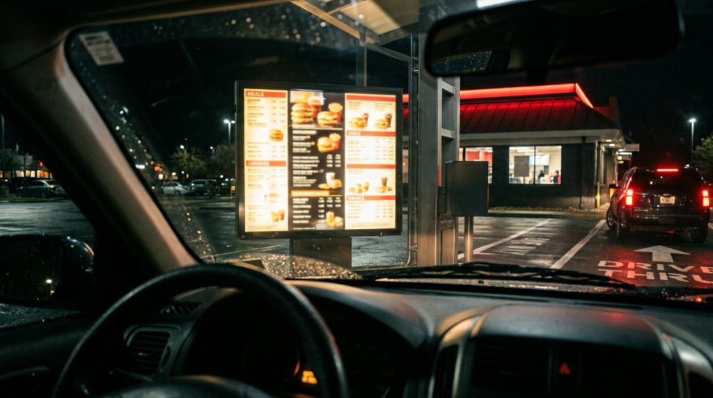 View from inside a car at a Cook Out drive-thru menu board at night before placing an order