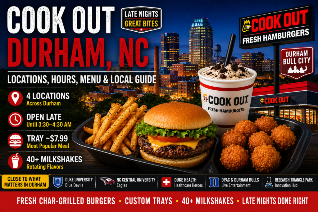Cook Out Durham NC featuring a char-grilled burger, seasoned fries, milkshake, Durham skyline, Cook Out locations, menu, hours, and late-night dining guide.