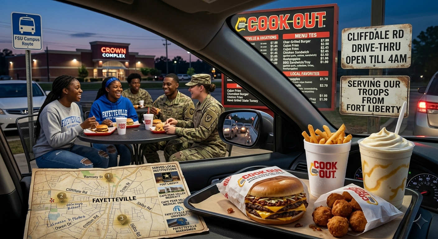 A first-person view from inside a car parked at a Cook Out drive-thru in Fayetteville, NC, at dusk. On the vehicle's dashboard sits a local map brochure of Fayetteville next to a complete Cook Out Tray featuring a double cheeseburger, fries, golden-brown hushpuppies, and a hand-spun milkshake. Through the driver's side window, a group of four young adults—two U.S. Army soldiers from Fort Liberty in uniform and two Fayetteville State University students in blue hoodies—are seen smiling and sharing a meal at an outdoor table. In the background, a drive-thru menu board glows warmly alongside rustic wooden signs reading "Cliffdale Rd Drive-Thru Open Till 4AM" and "Serving Our Troops From Fort Liberty," with the Crown Complex visible in the twilight distance.