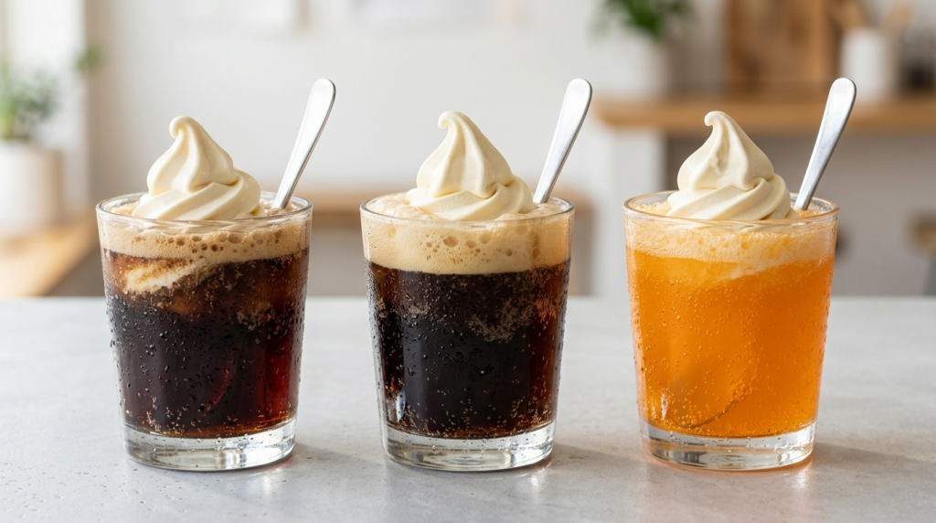 Coke float, root beer float, and orange float in clear glasses shown side by side, Cook Out float menu comparison