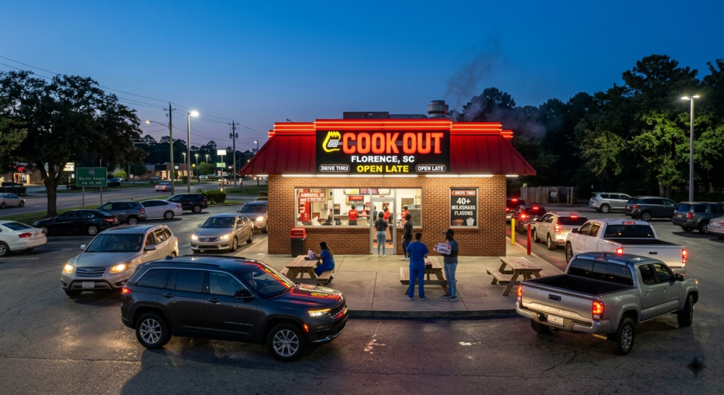 A realistic twilight view of the Cook Out drive-thru at 2007 South Irby Street in Florence, SC, featuring a glowing red neon Cook Out sign with "FLORENCE, SC" and "OPEN LATE" clearly displayed. A busy double drive-thru line of cars and trucks wraps around the brick building, while customers—including healthcare workers in blue scrubs—gather near outdoor wooden picnic tables. On the left, a green highway sign pointing toward "Myrtle Beach VIA US 501" is visible against a deep blue dusk sky, highlighting the location's status as a major travel waypoint.