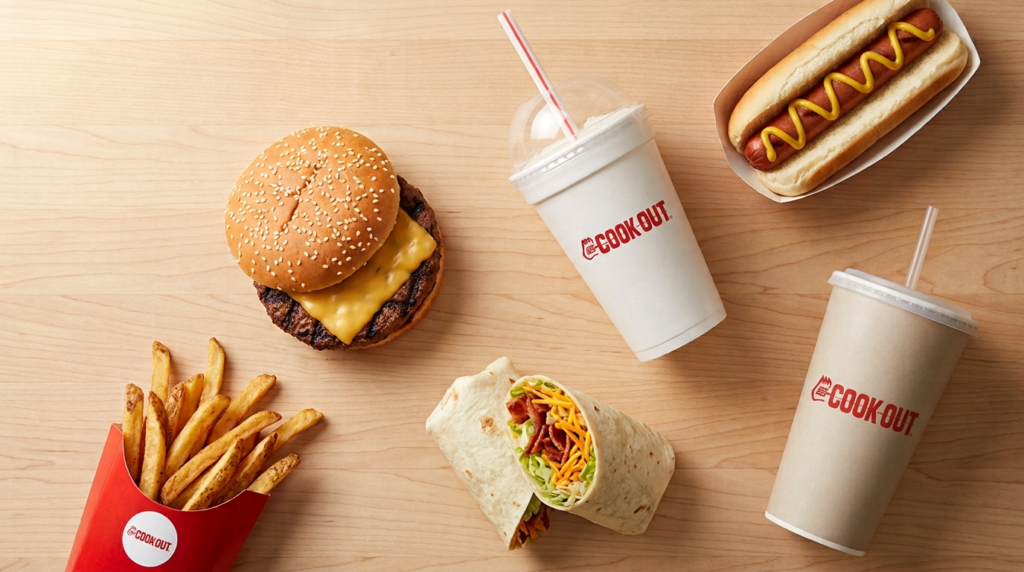 Overhead flat-lay of Cook Out food items including a char-grilled burger, skin-on fries, milkshake, hot dog, bacon wrap, and a drink on a light wood surface