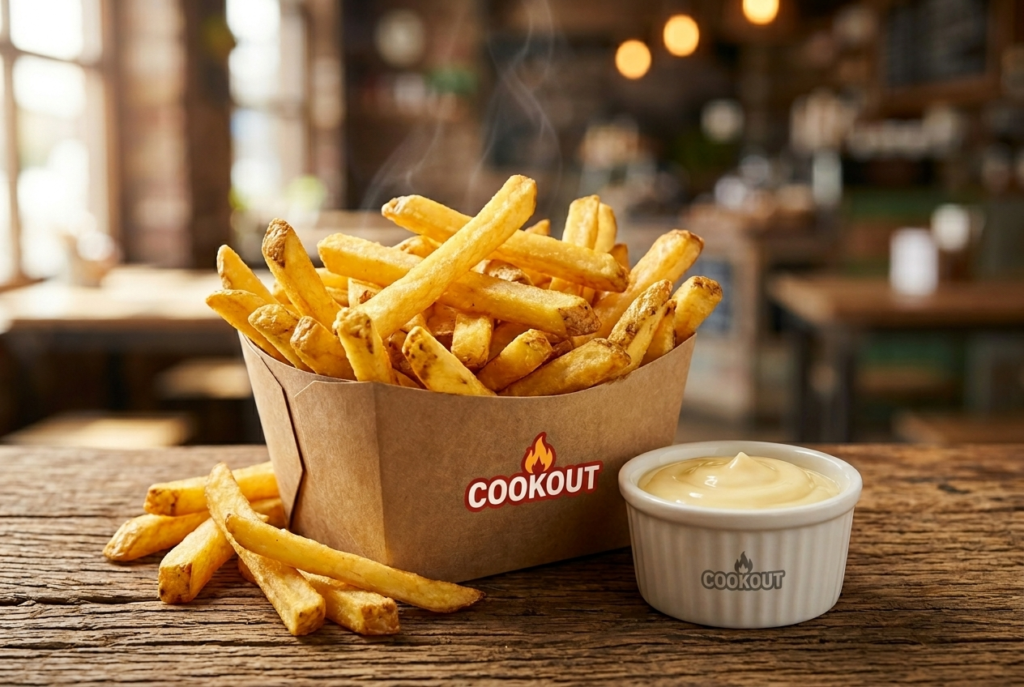 Basket of fresh-cut golden fries with creamy dipping sauce, Cook Out fries style