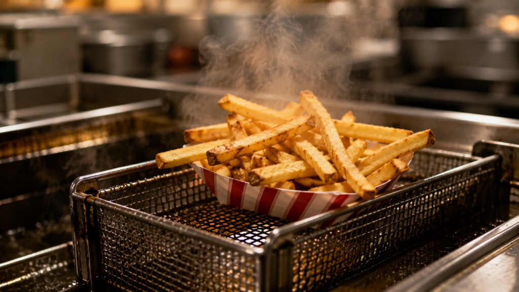 Crispy fries in a paper fry boat resting on a fryer basket in a commercial kitchen