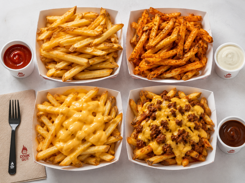 Comparison of Cook Out fries varieties: regular, Cajun, cheese, and chili cheese fries