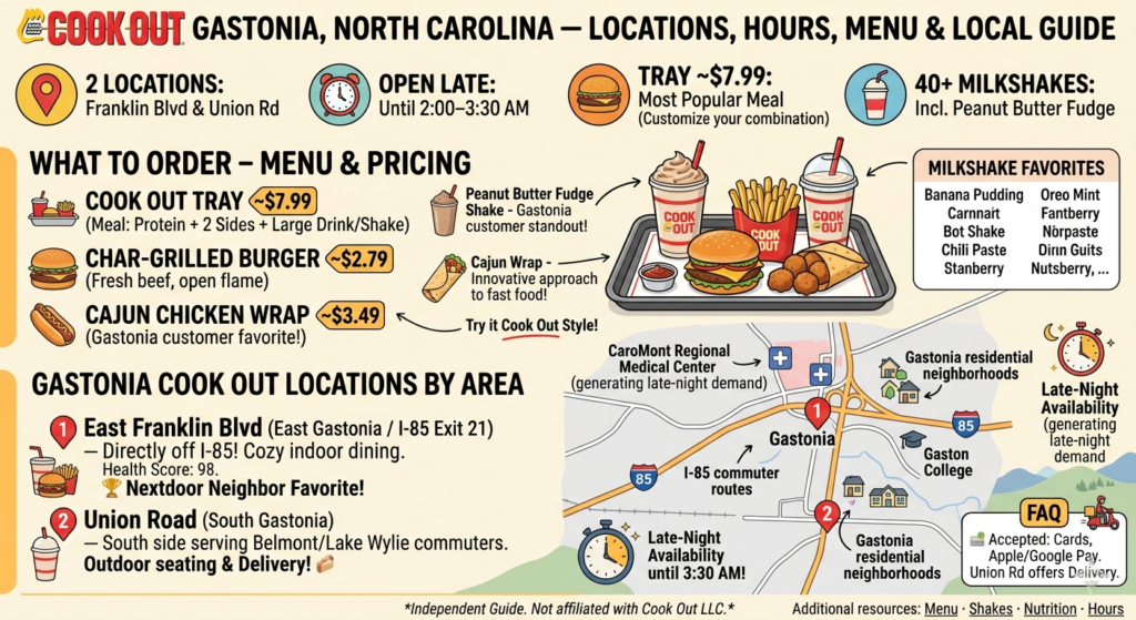 A clear graphic of a Cook Out order tray featuring a freshly grilled hamburger, a chicken wrap, side options of golden hushpuppies and seasoned fries, and a hand-spun milkshake. In the background, local Gaston County residents stand at the brick walk-up counter under an illuminated Cook Out Gastonia, NC local guide sign.