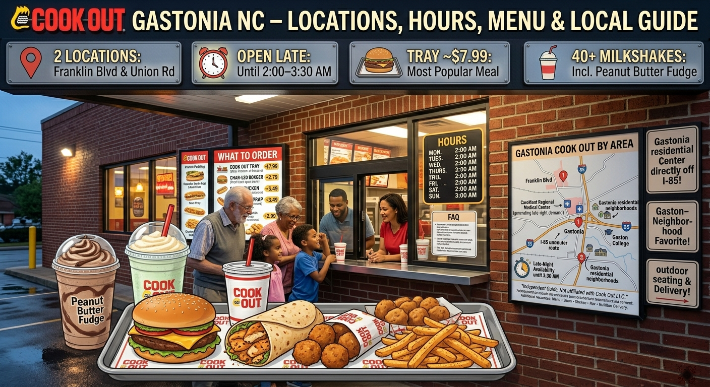 A realistic nighttime view of the brick Cook Out storefront in Gastonia, NC, showing an elderly couple and a family with children ordering at the walk-up window. In the foreground, a tray holds a char-grilled burger, a Cajun chicken wrap, fries, and hushpuppies next to a thick hand-spun peanut butter fudge milkshake. An informational map board lists weekend hours until 3:30 AM.