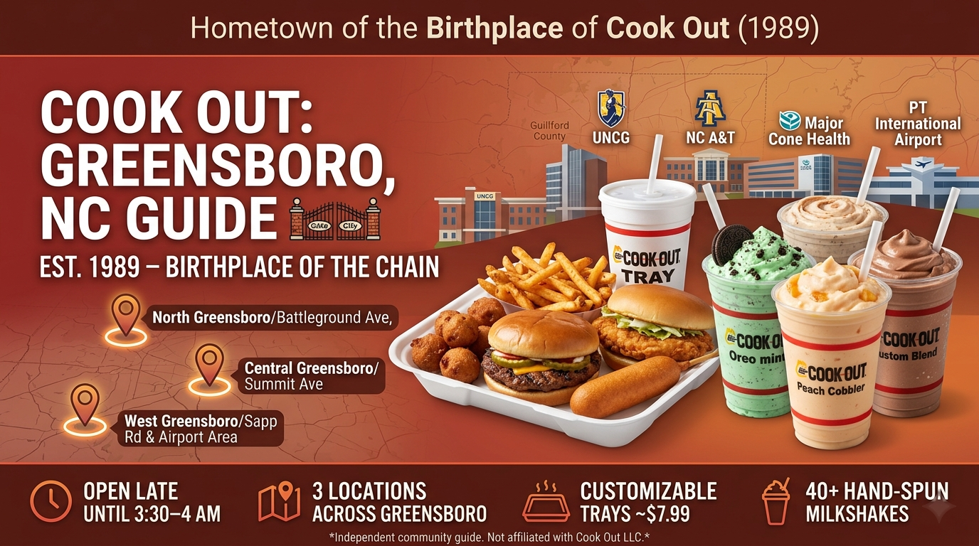Wide website hero banner for a Cook Out Greensboro, NC local guide. The left side highlights Greensboro as the 1989 birthplace of the chain, showing location pins for North, Central, and West Greensboro alongside local landmarks like UNCG and NC A&T. The right side features a large, photorealistic Cook Out meal tray filled with a burger, chicken sandwich, corn dog, fries, and hushpuppies, next to a large white cup and four hand-spun milkshakes. A bottom bar lists key details: "Open Late Until 3:30-4 AM", "3 Locations Across Greensboro", "Customizable Trays ~$7.99", and "40+ Hand-Spun Milkshakes".