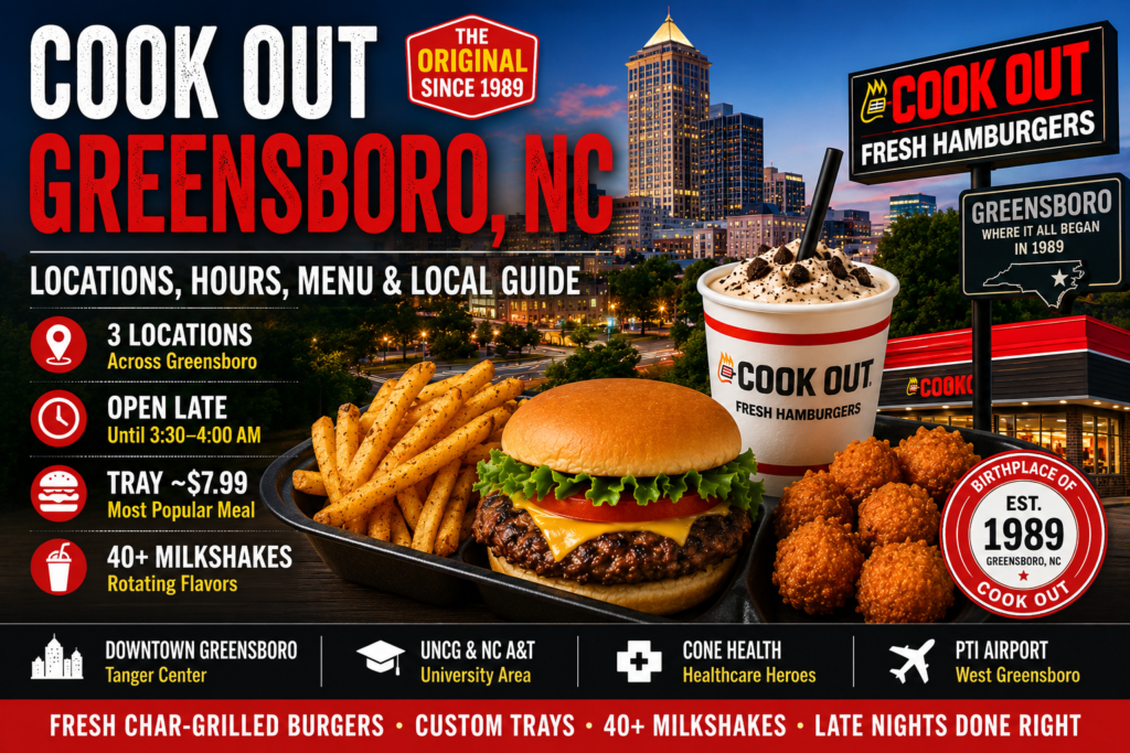 Cook Out Greensboro NC featuring char-grilled burger, fries, milkshake, Greensboro skyline, locations, hours, menu, and late-night dining guide.