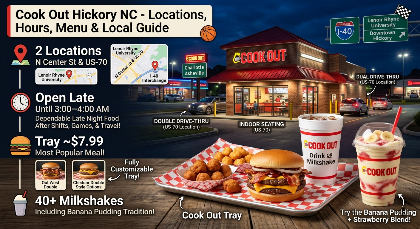 A comprehensive local guide graphic for Cook Out in Hickory, North Carolina, featuring a map of the N Center St and US-70 locations near Lenoir Rhyne University, late-night hours, and a real Cook Out Tray displaying an Out West Style Double Burger, crispy cheese bites, golden hushpuppies, a sweet tea, and a hand-spun banana pudding strawberry milkshake.