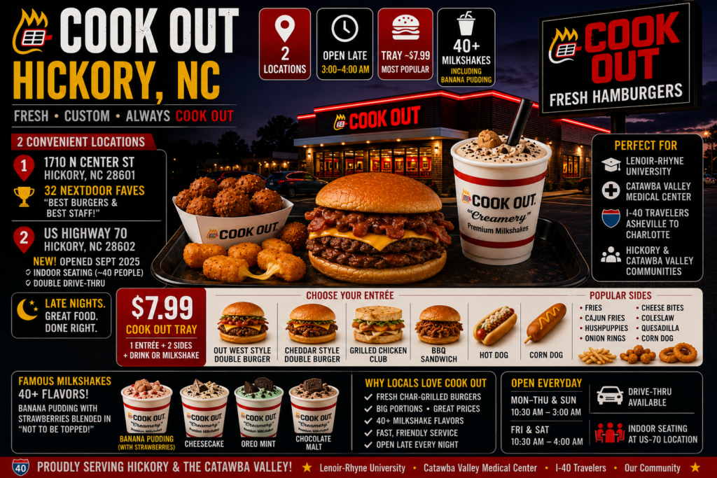Cook Out Hickory NC featuring two locations on North Center Street and US-70 with char-grilled burgers, Cook Out Tray, hushpuppies, banana pudding milkshake, double drive-thru, and late-night hours until 4 AM.