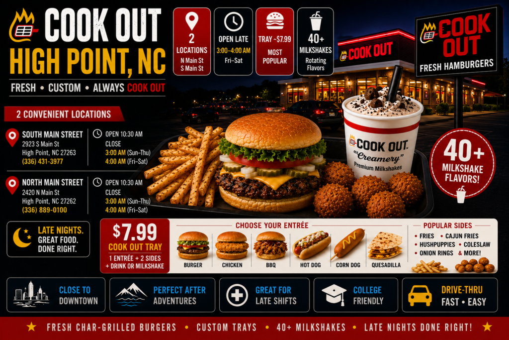A realistic, bustling evening scene outside a brick Cook Out restaurant in High Point, NC as shown in watermarked_img_7337160283829127998.png. In the immediate foreground, a server in a red shirt holds a metallic tray containing highly detailed, realistic food items: a double cheeseburger, a pulled pork BBQ sandwich, a basket of golden French fries, fried hushpuppies, and a purple blueberry cheesecake milkshake. To the right, a healthcare worker in green scrubs and two High Point University (HPU) students in purple sweatshirts stand near the walk-up window. Inside the brightly lit service window, a Cook Out employee hands out food while a man wearing a "High Point Market Showroom Buyer" name tag talks on his phone. A diverse crowd of customers chats, eats, and waits in a queue extending down the sidewalk. The building’s exterior features a glowing neon sign reading "COOK OUT - High Point NC -" next to a detailed menu board and a local location map showing North Main St and South Main St. Blue Ridge Mountains are visible in the background under a twilight sky.