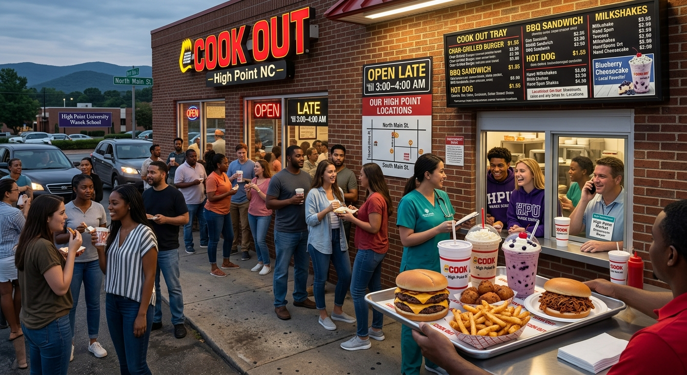 A realistic, bustling evening scene outside a brick Cook Out restaurant in High Point, NC as shown in watermarked_img_7337160283829127998.png. In the immediate foreground, a server holds a metallic tray containing highly detailed, realistic food items: a double cheeseburger, a pulled pork BBQ sandwich, a basket of golden French fries, fried hushpuppies, and a purple blueberry cheesecake milkshake. To the right, a healthcare worker in green scrubs and two High Point University (HPU) students in purple sweatshirts stand near the walk-up window. Inside the brightly lit service window, a Cook Out employee hands out food while a man wearing a "High Point Market Showroom Buyer" name tag talks on his phone. A diverse crowd of customers chats, eats, and waits in a queue extending down the sidewalk. The building’s exterior features a glowing neon sign reading "COOK OUT - High Point NC -" next to a detailed menu board and a local location map showing North Main St and South Main St. Blue Ridge Mountains are visible in the background under a twilight sky.