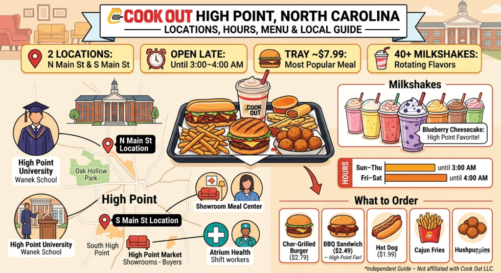 An informational graphic providing a local guide to Cook Out in High Point, North Carolina. The image features icons and text detailing 2 locations on North and South Main Street, late-night hours until 3:00–4:00 AM, the price of the customizable Cook Out Tray (approx. $7.99), and a selection of over 40 milkshake flavors, highlighting the local favorite Blueberry Cheesecake. Included is a section on "What to Order" with menu pricing and descriptions for burgers, BBQ, and sides, plus specific local context regarding High Point University students and High Point Market visitors.