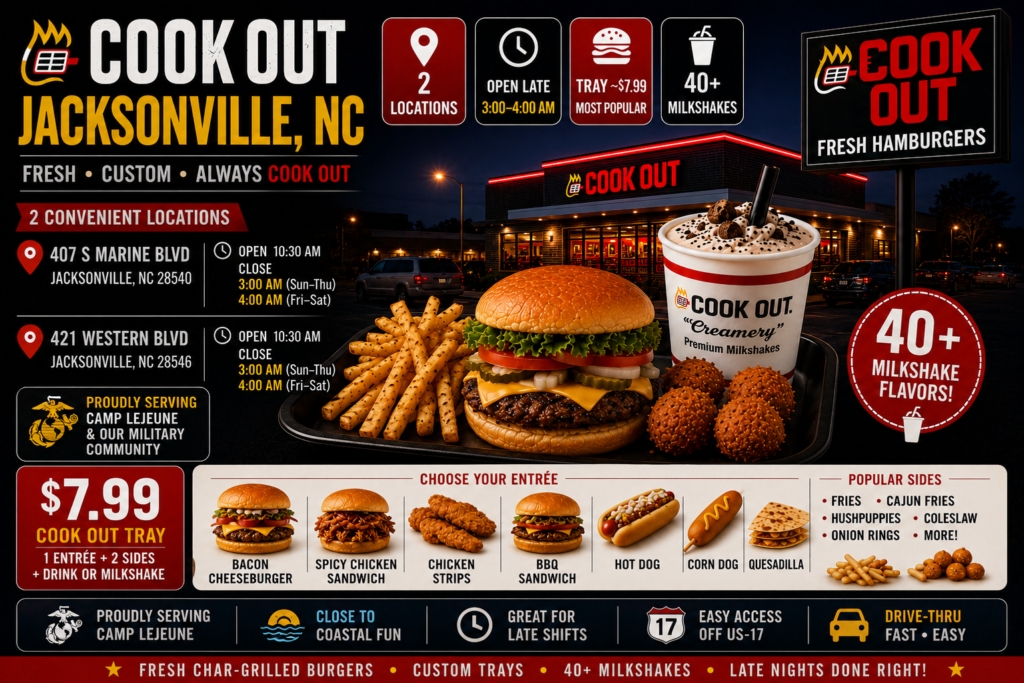 Cook Out Jacksonville North Carolina featuring two locations on Marine Boulevard and Western Boulevard, char-grilled burgers, Cook Out Tray, milkshakes, late-night dining, and menu highlights near Camp Lejeune.