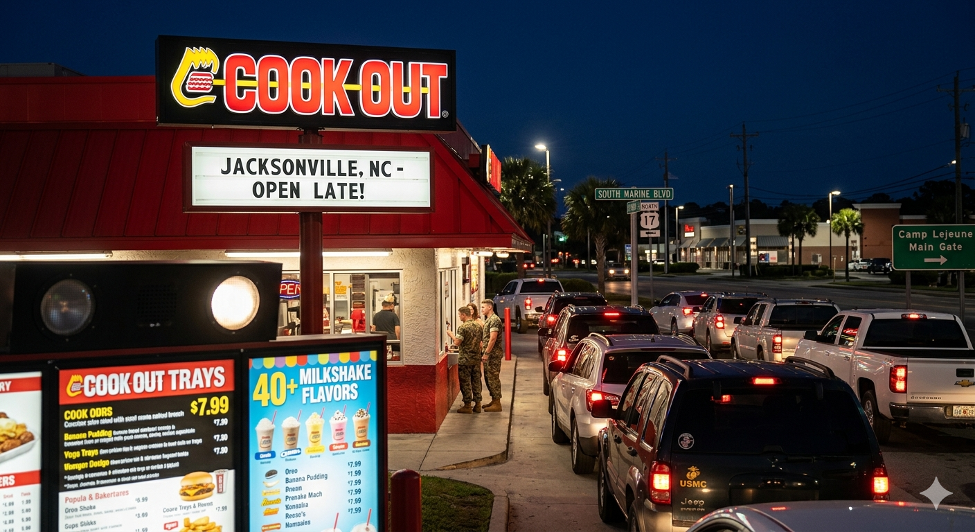 A realistic late-night view of the Cook Out drive-thru on South Marine Boulevard in Jacksonville, NC, featuring US Marines in uniform at the service window, a line of cars, and a bright menu board highlighting Cook Out Trays and over 40 milkshake flavors.