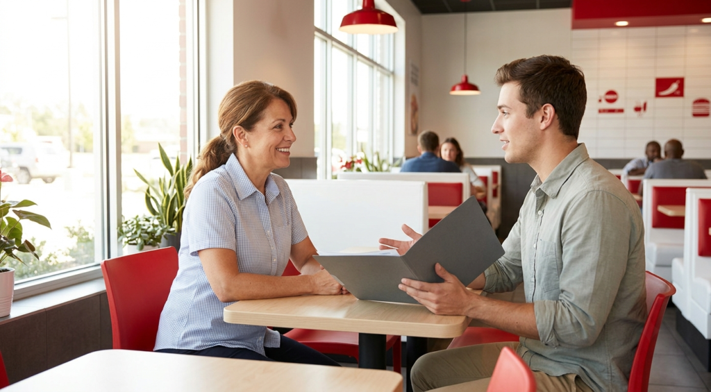 Job seeker applying for a position at Cook Out, representing the in-person application and interview process for crew and management roles