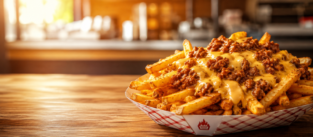 Loaded chili cheese fries with melted cheese and chili, Cook Out fries banner