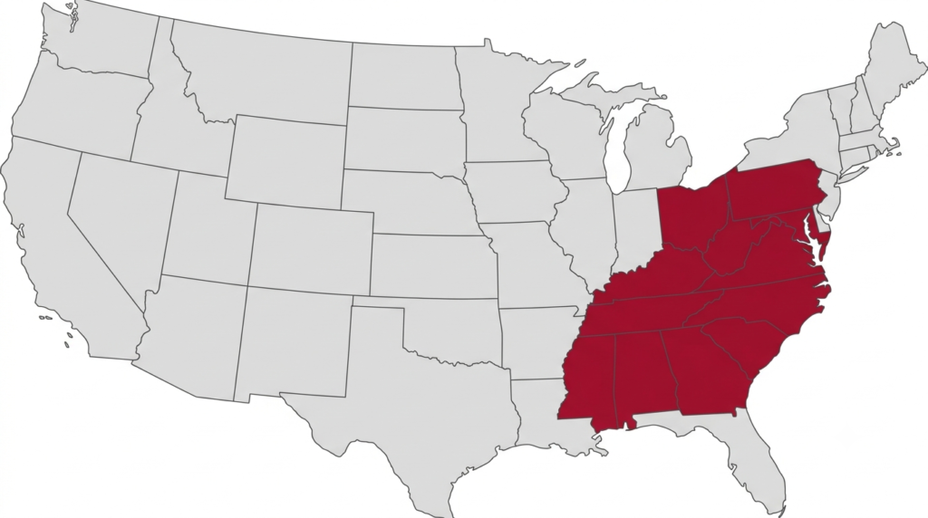 Map of USA showing which states have Cook Out restaurant locations highlighted in red