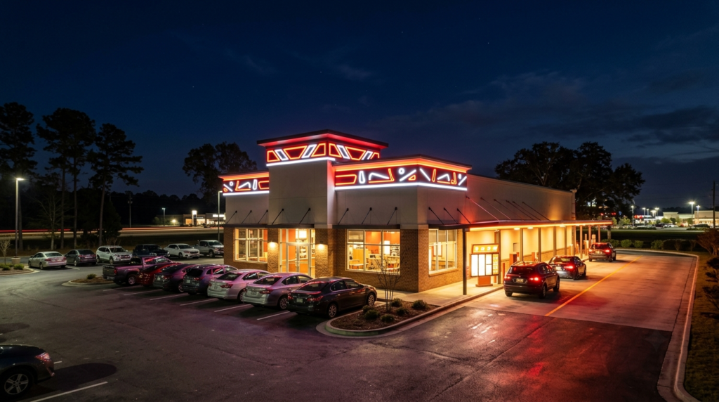 Cook Out restaurant exterior at night showing drive-thru lane across multiple USA locations