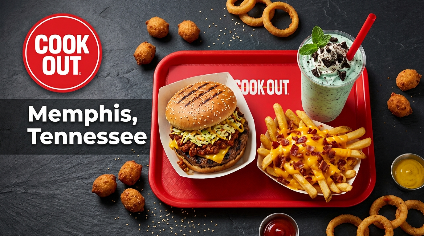 Cook Out Tray with char-grilled burger, fries, and Oreo Mint milkshake for Memphis, Tennessee