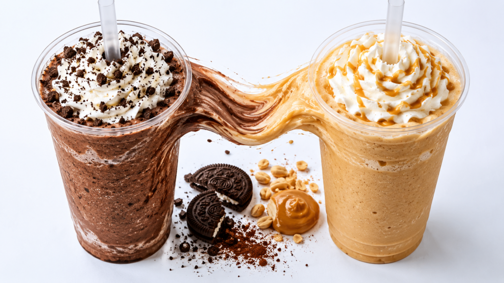 Two Cook Out milkshakes showing chocolate and peanut butter flavors side by side with Oreo cookie pieces and peanut butter drizzle, representing the free flavor mixing option